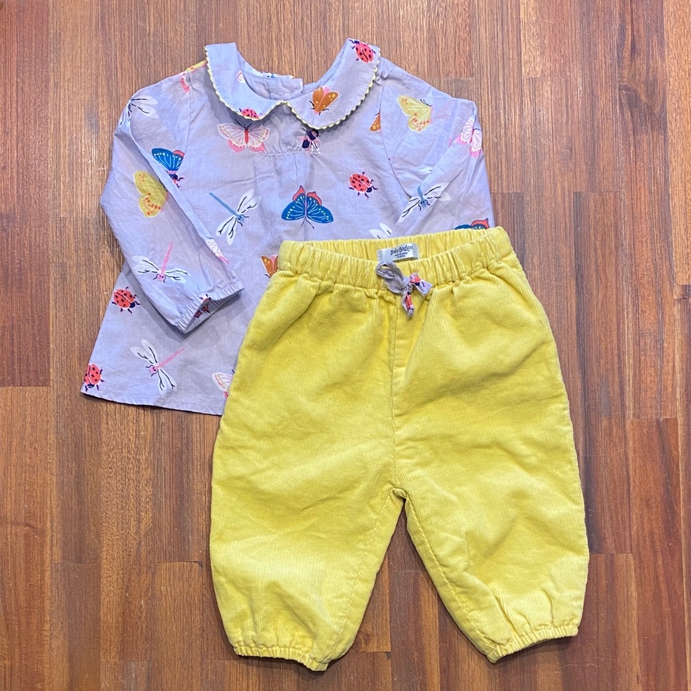 Mini Boden Butterfly Peter Pan Collar Top and Yellow Corduroy Pants Set